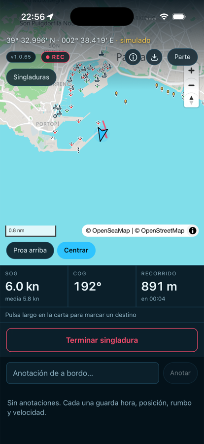La carta de Offing con el barco navegando y el recorrido registrado