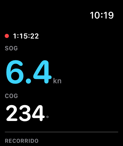 La app de Offing en el Apple Watch: tiempo de singladura, velocidad sobre el fondo y rumbo